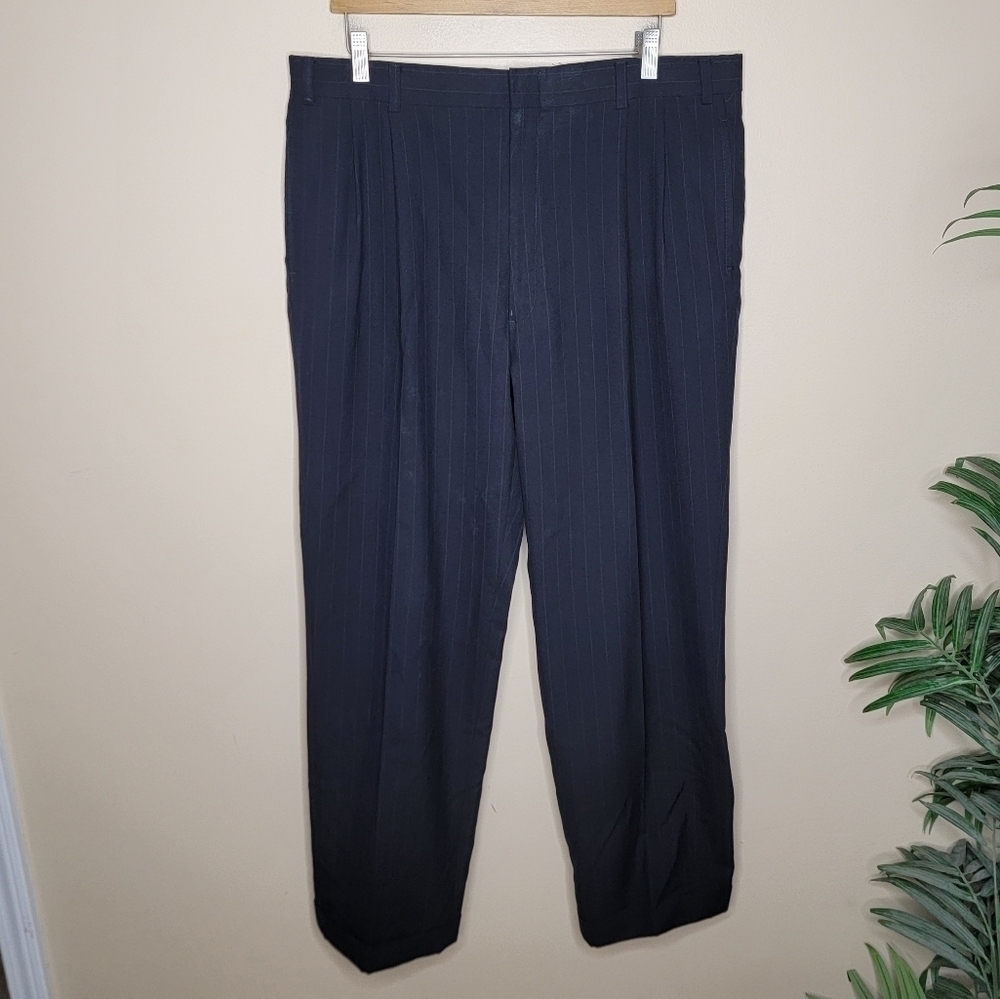 Brooks Brothers | Black Pinstriped Cuffed Dress Pants Slacks 100% Worsted Wool